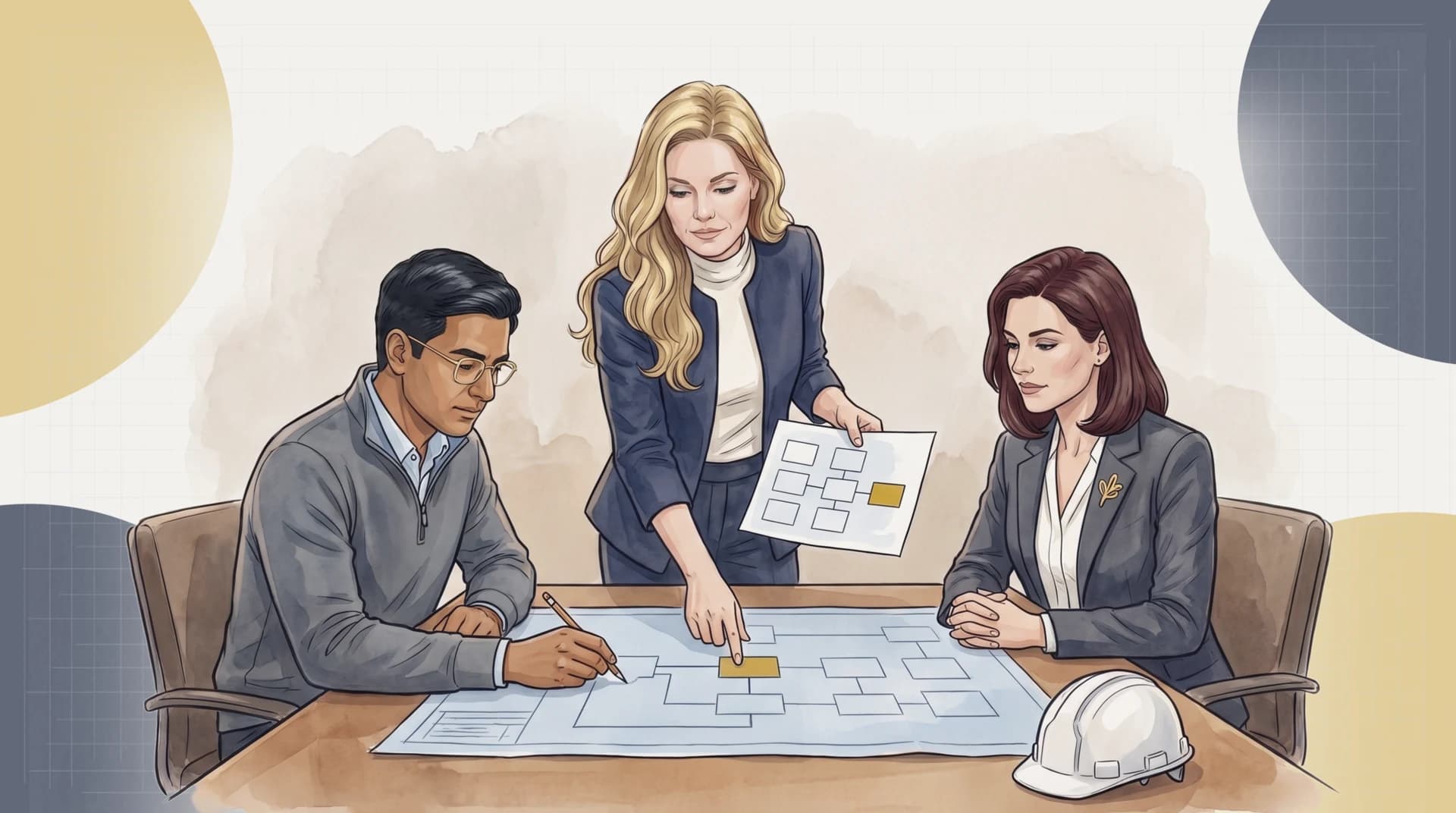 Fiona Lavoie holds up Lakeshore's capability map with one box in gold and looks down as she points to the matching box on a solution blueprint, while Ravi Kapoor pencils in a change and Claire Dubois looks on; a white hard hat rests on the table